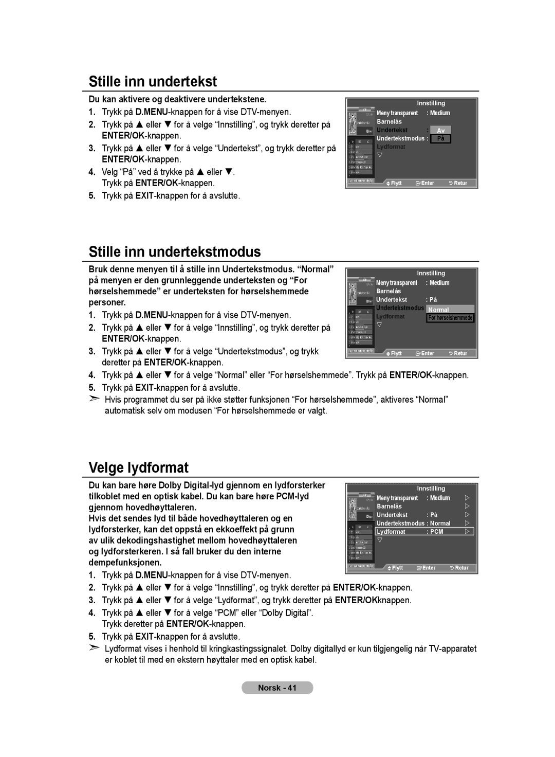 Samsung LE32MM8 manual Stille inn undertekstmodus, Velge lydformat, Du kan aktivere og deaktivere undertekstene 