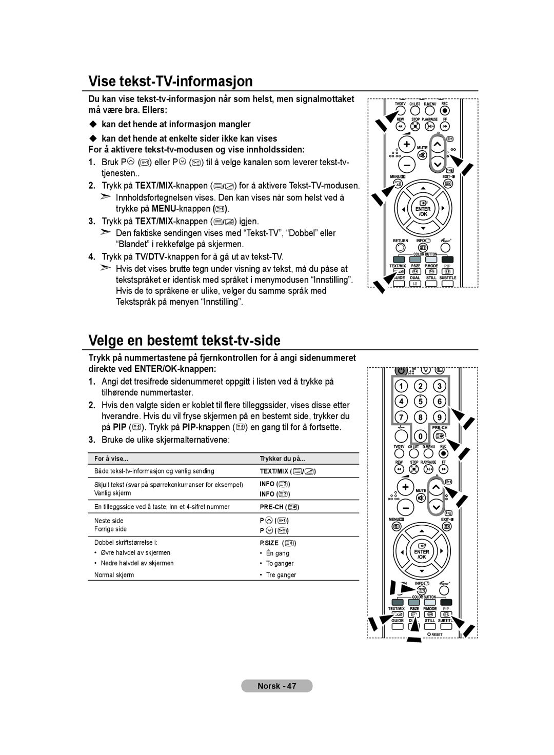 Samsung LE32MM8 manual Vise tekst-TV-informasjon, Velge en bestemt tekst-tv-side, Bruke de ulike skjermalternativene 