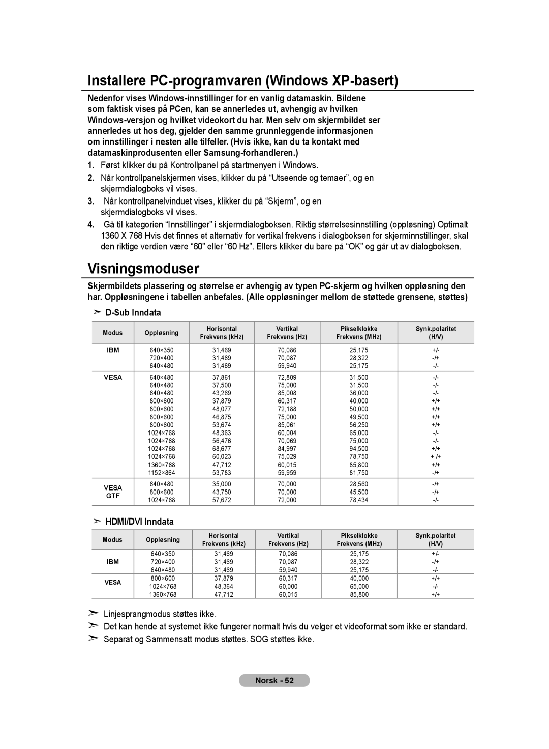 Samsung LE32MM8 manual Installere PC-programvaren Windows XP-basert, Visningsmoduser, Sub Inndata, HDMI/DVI Inndata 