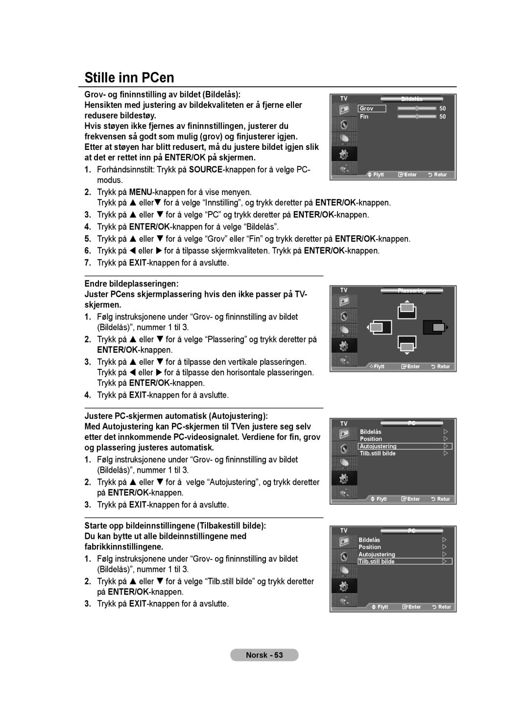 Samsung LE32MM8 manual Stille inn PCen, Grov- og fininnstilling av bildet Bildelås, Redusere bildestøy, Modus 