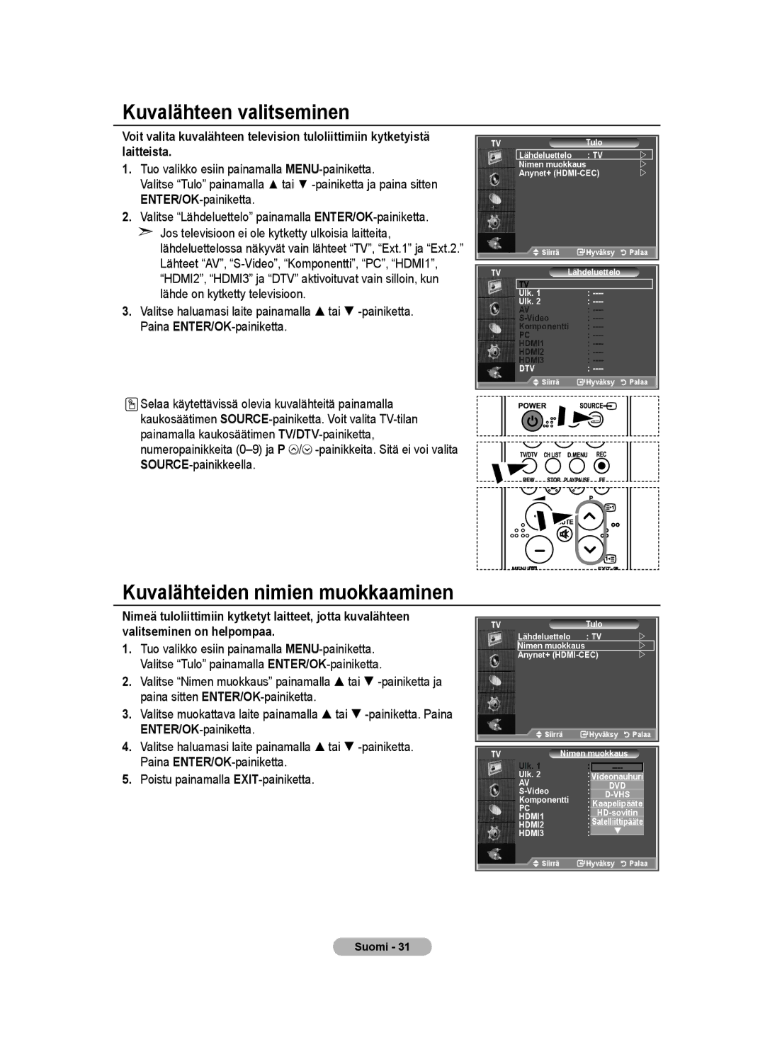 Samsung LE32MM8 manual Kuvalähteen valitseminen, Kuvalähteiden nimien muokkaaminen 