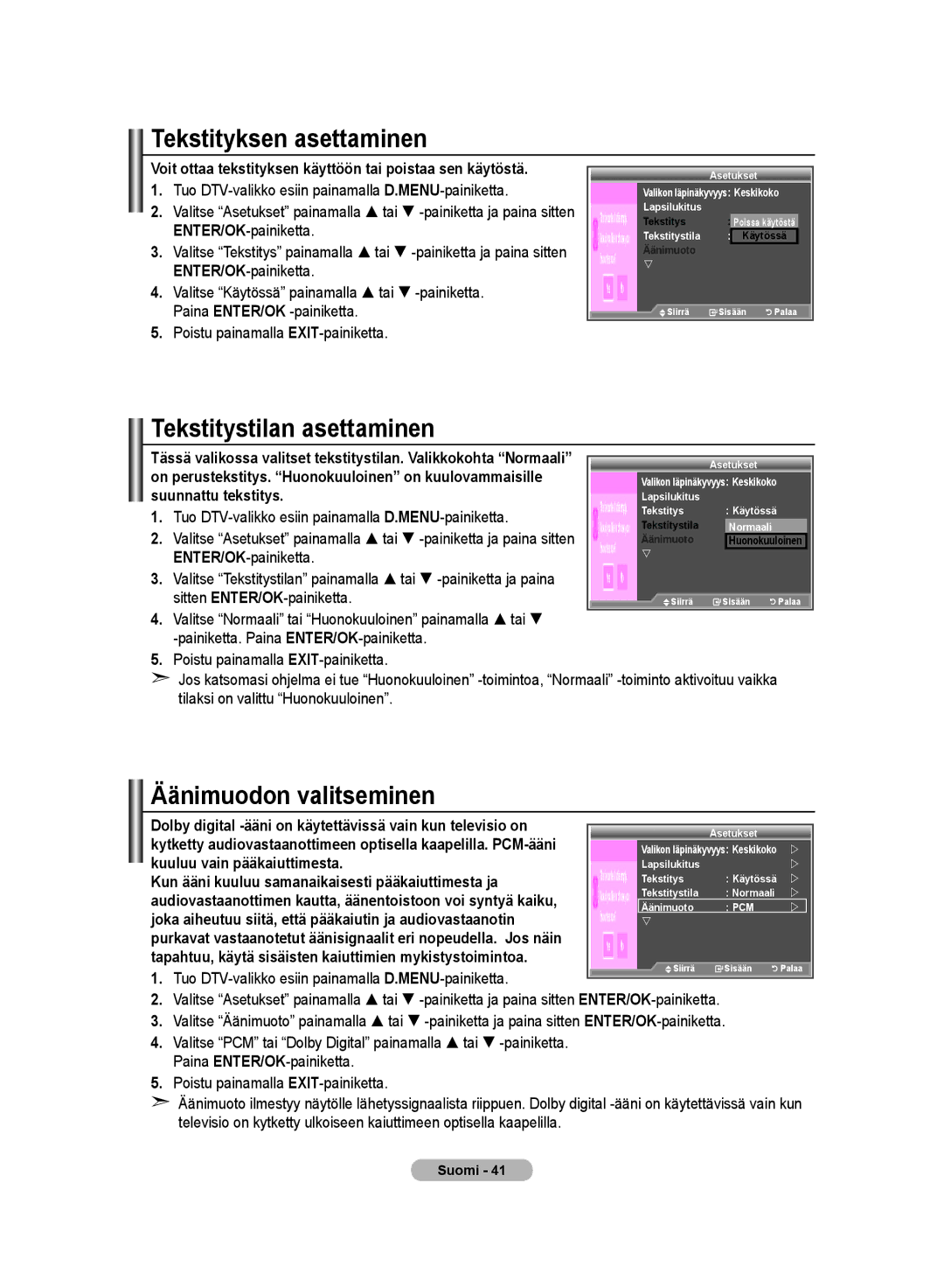 Samsung LE32MM8 manual Tekstityksen asettaminen, Tekstitystilan asettaminen, Äänimuodon valitseminen 