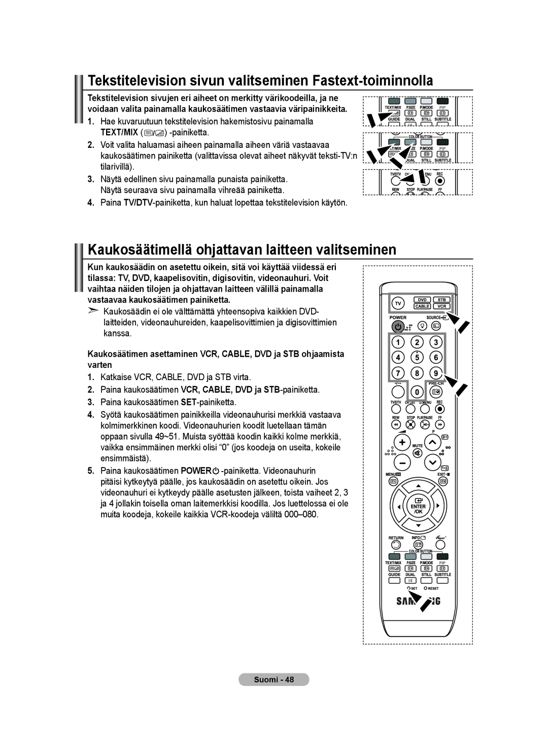 Samsung LE32MM8 Tekstitelevision sivun valitseminen Fastext-toiminnolla, Kaukosäätimellä ohjattavan laitteen valitseminen 