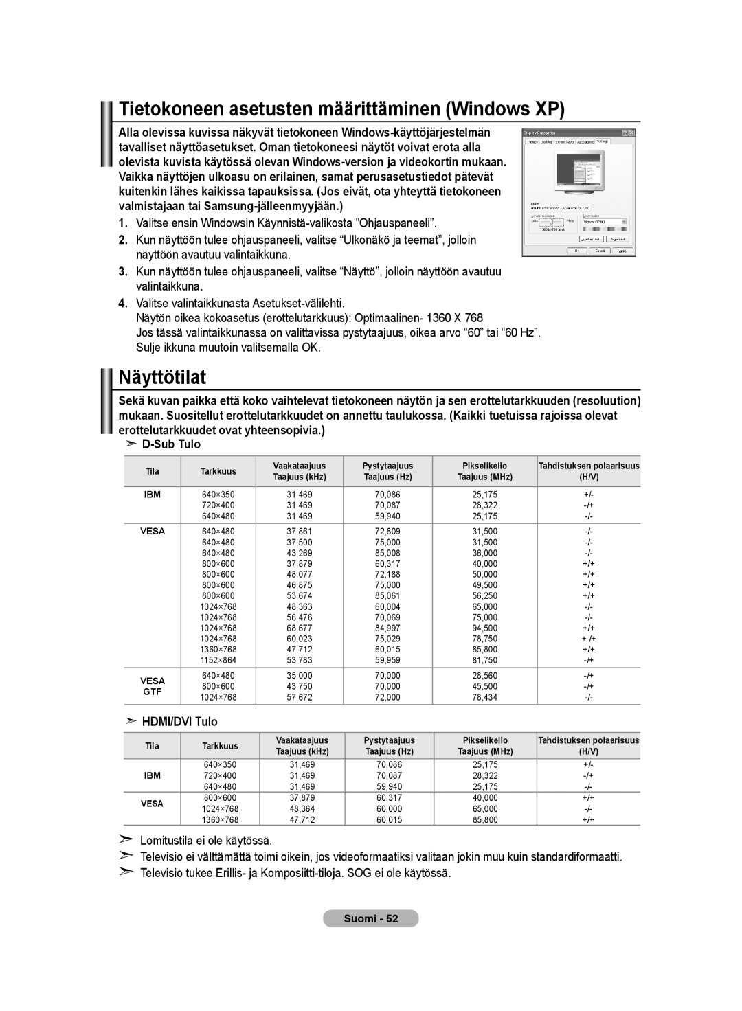 Samsung LE32MM8 manual Tietokoneen asetusten määrittäminen Windows XP, Näyttötilat, Sub Tulo, HDMI/DVI Tulo 