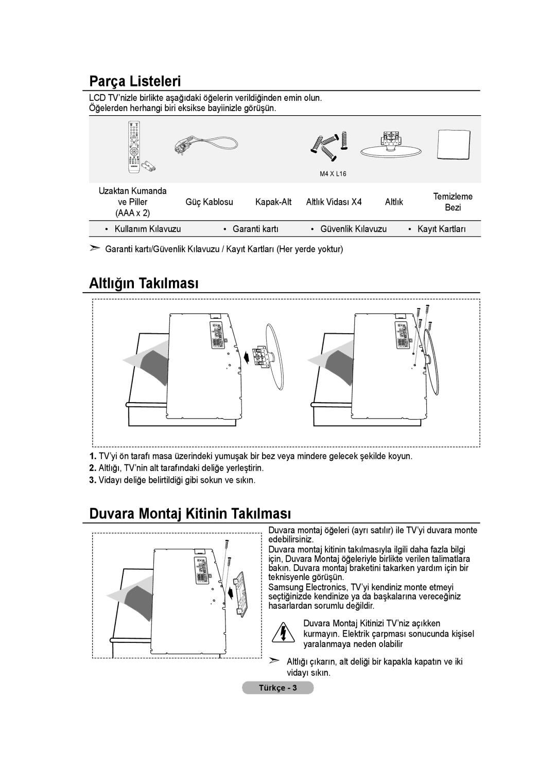 Samsung LE32MM8 manual Parça Listeleri, Altlığın Takılması, Duvara Montaj Kitinin Takılması, Kapak-Alt, Altlık 
