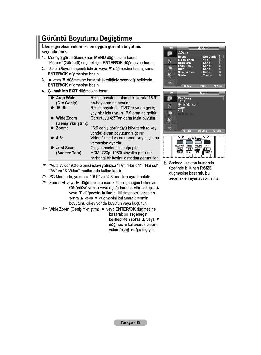 Samsung LE32MM8 manual Görüntü Boyutunu Değiştirme,  Auto Wide, Oto Geniş, Geniş Yknlştrm 