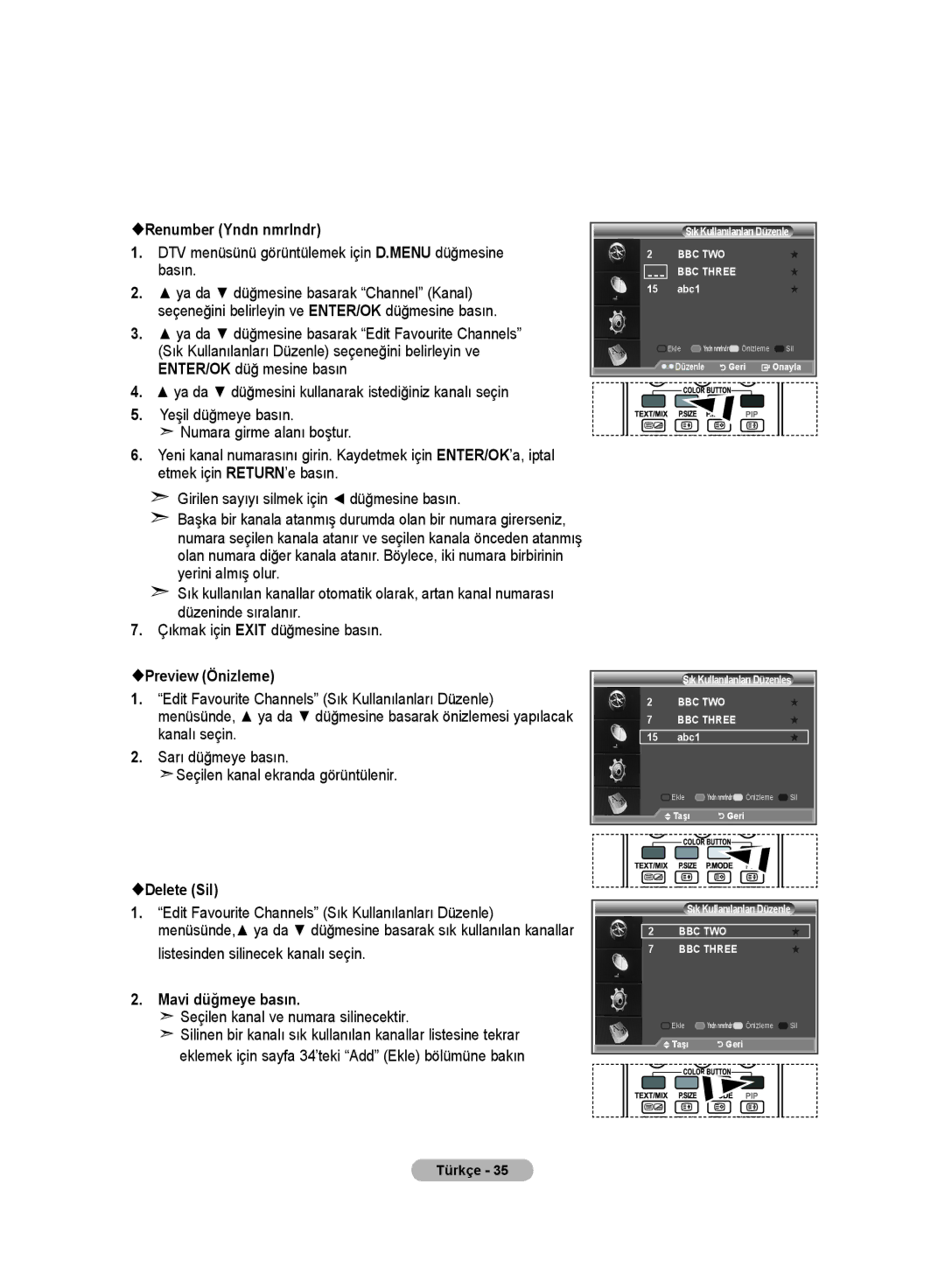 Samsung LE32MM8 manual Renumber Yndn nmrlndr, Preview Önizleme, Delete Sil, Mavi düğmeye basın 