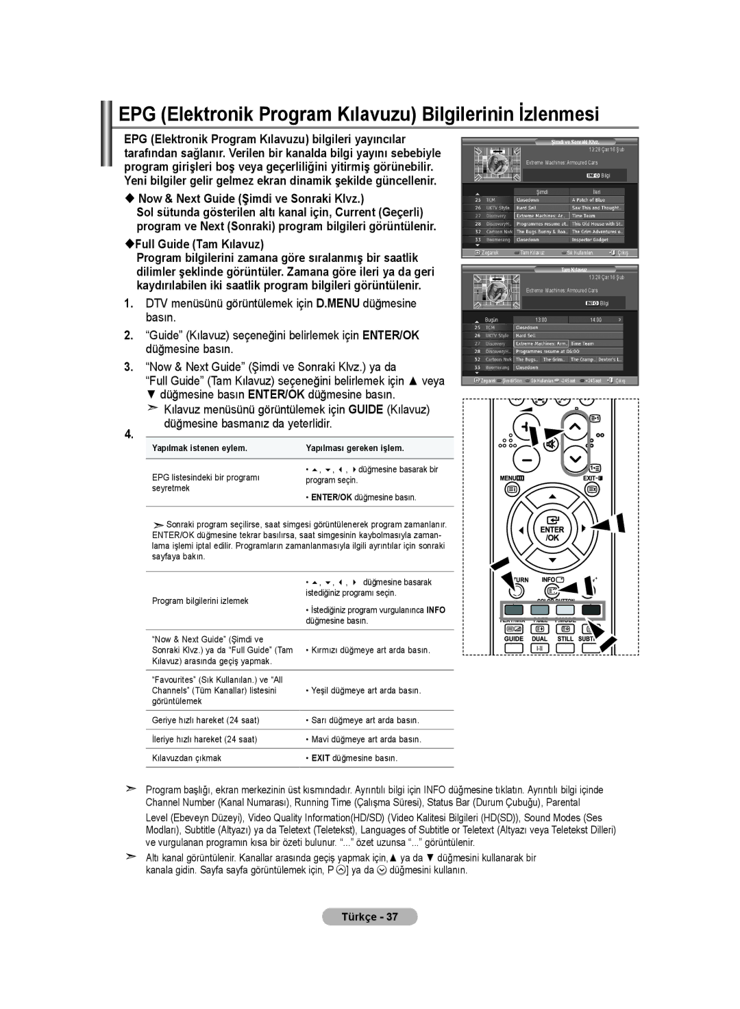 Samsung LE32MM8 manual EPG Elektronik Program Kılavuzu Bilgilerinin İzlenmesi,  Now & Next Guide Şimdi ve Sonraki Klvz 