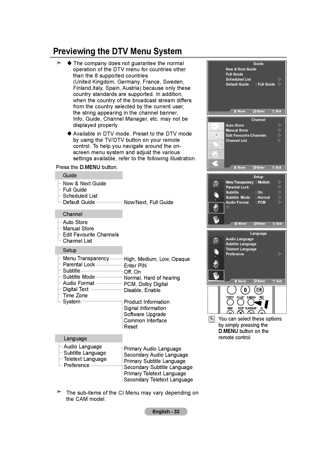 Samsung LE32MM8 manual Previewing the DTV Menu System, Pcm 