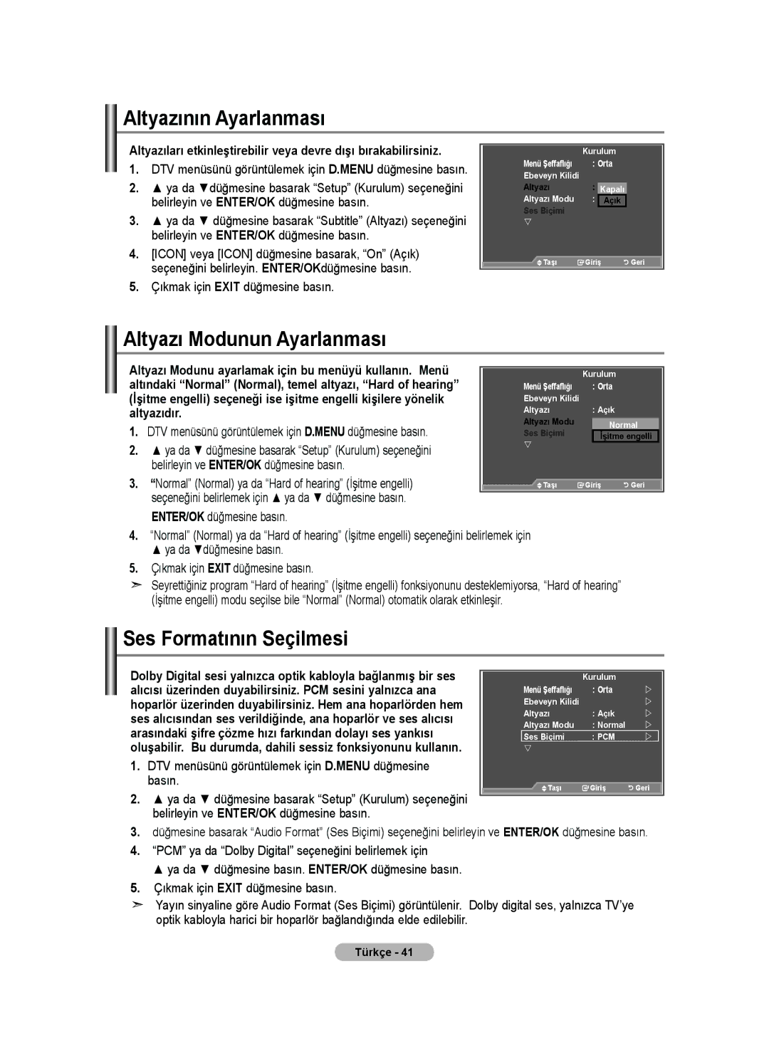 Samsung LE32MM8 manual Altyazının Ayarlanması, Altyazı Modunun Ayarlanması, Ses Formatının Seçilmesi 