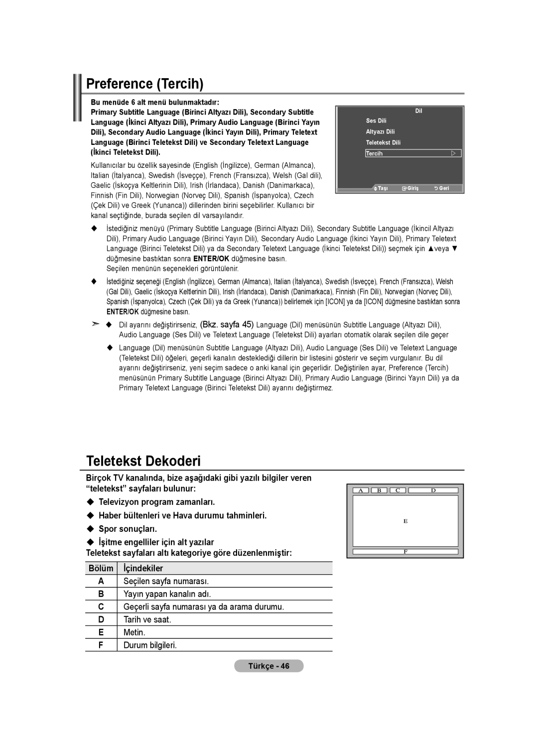 Samsung LE32MM8 manual Preference Tercih, Teletekst Dekoderi, Seçilen menünün seçenekleri görüntülenir 
