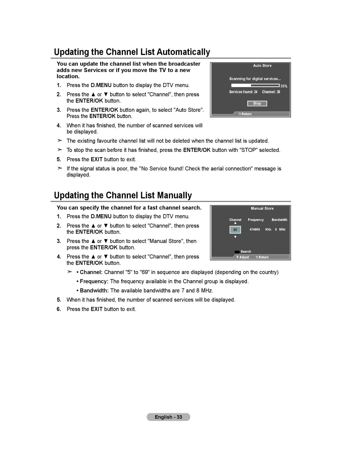 Samsung LE32MM8 manual Updating the Channel List Automatically, Updating the Channel List Manually 