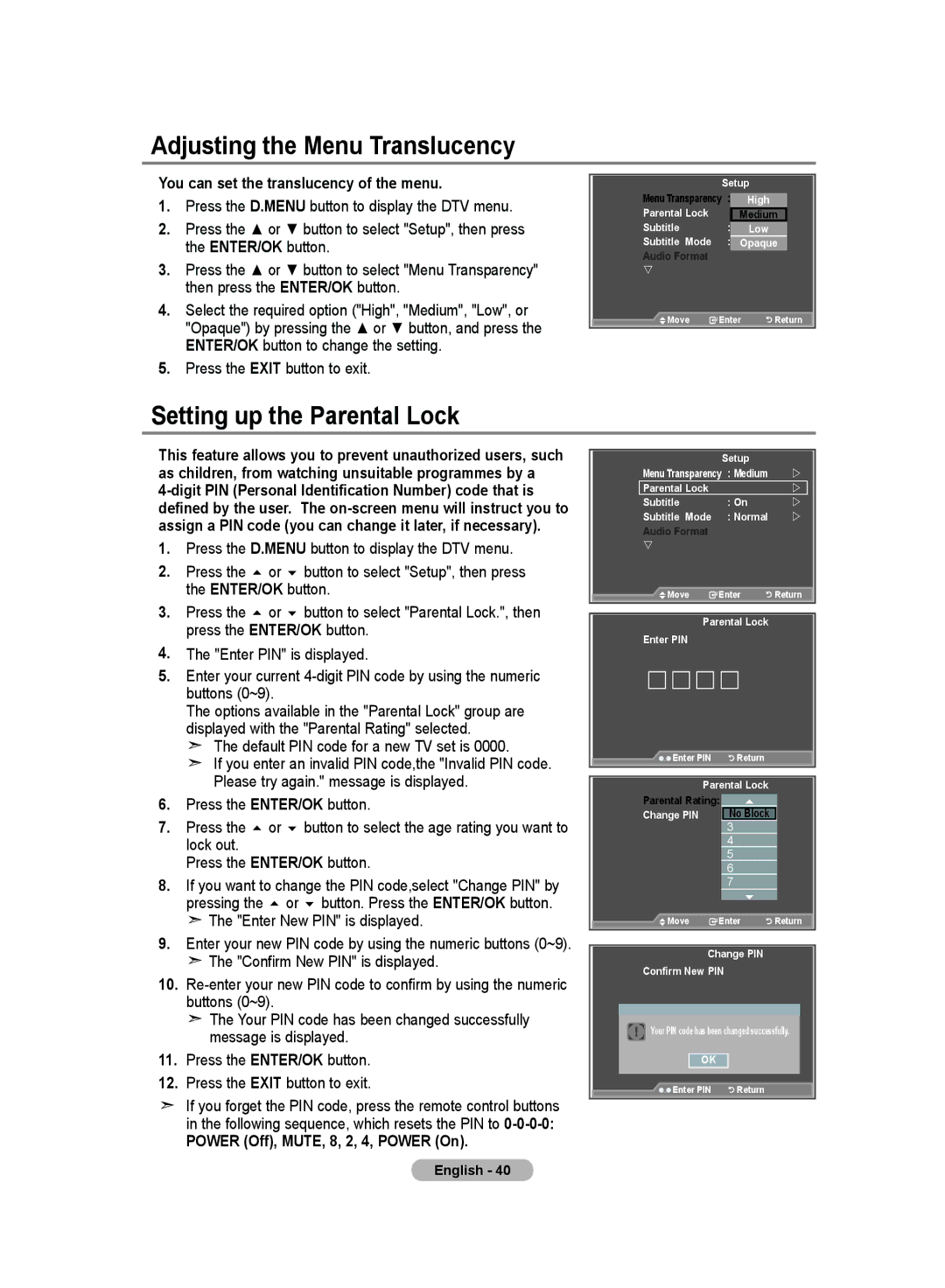 Samsung LE32MM8 Adjusting the Menu Translucency, Setting up the Parental Lock, You can set the translucency of the menu 