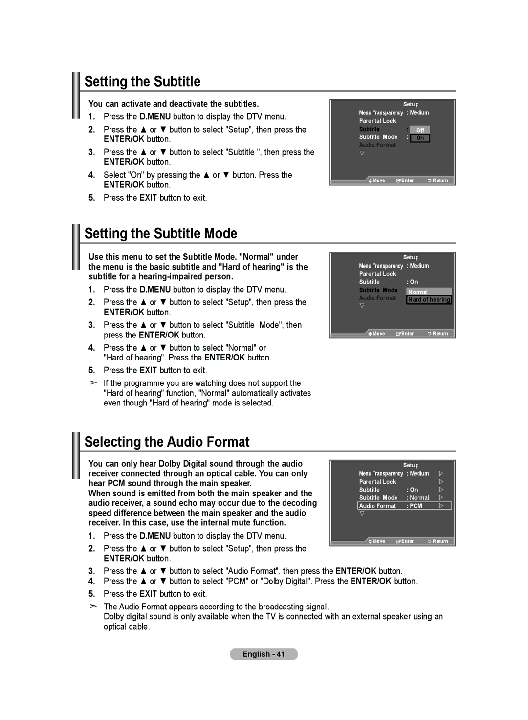 Samsung LE32MM8 Setting the Subtitle Mode, Selecting the Audio Format, You can activate and deactivate the subtitles 