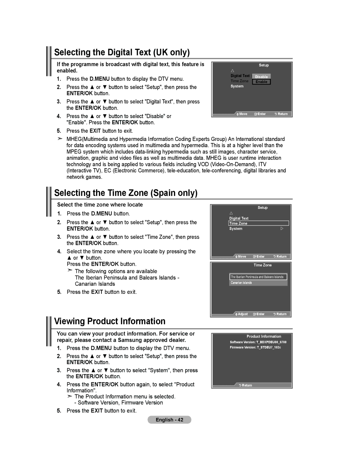 Samsung LE32MM8 manual Selecting the Digital Text UK only, Selecting the Time Zone Spain only, Viewing Product Information 