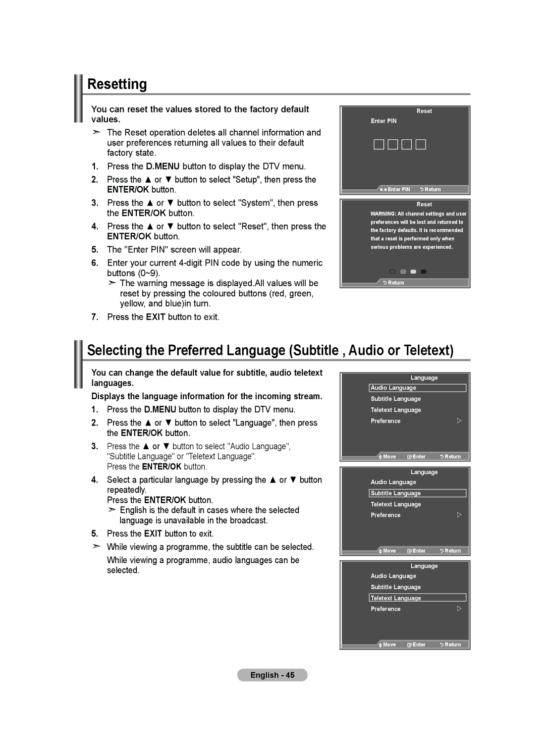 Samsung LE32MM8 manual Resetting, Displays the language information for the incoming stream 