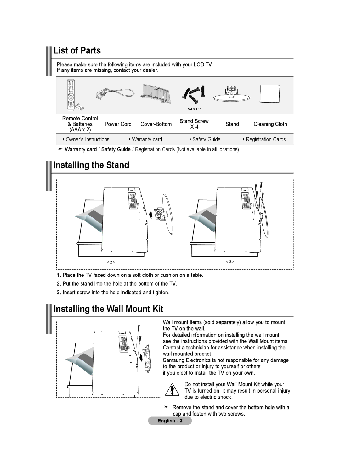 Samsung LE32MM8 manual List of Parts, Installing the Stand, Installing the Wall Mount Kit, Power Cord Cover-Bottom Stand 