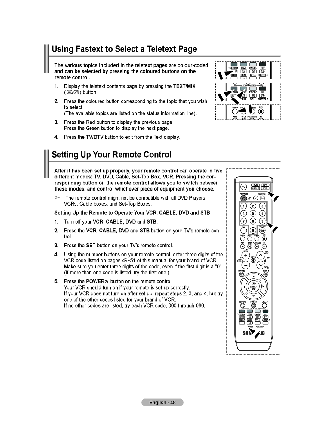 Samsung LE32MM8 manual Using Fastext to Select a Teletext, Setting Up Your Remote Control 