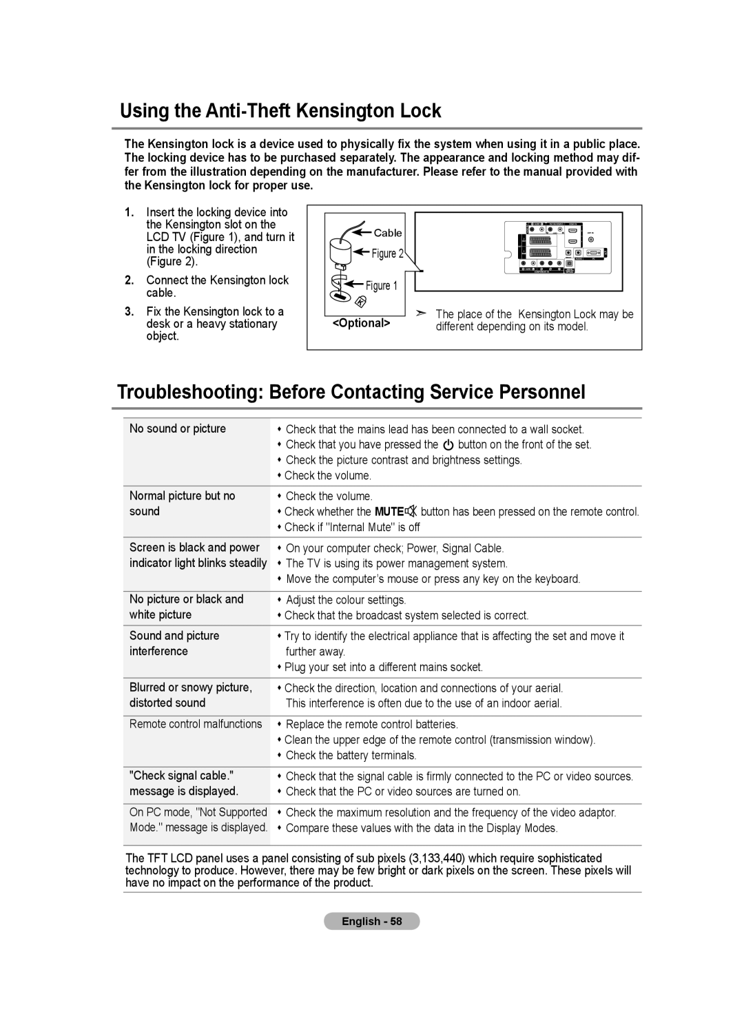 Samsung LE32MM8 manual Using the Anti-Theft Kensington Lock, Troubleshooting Before Contacting Service Personnel, Optional 