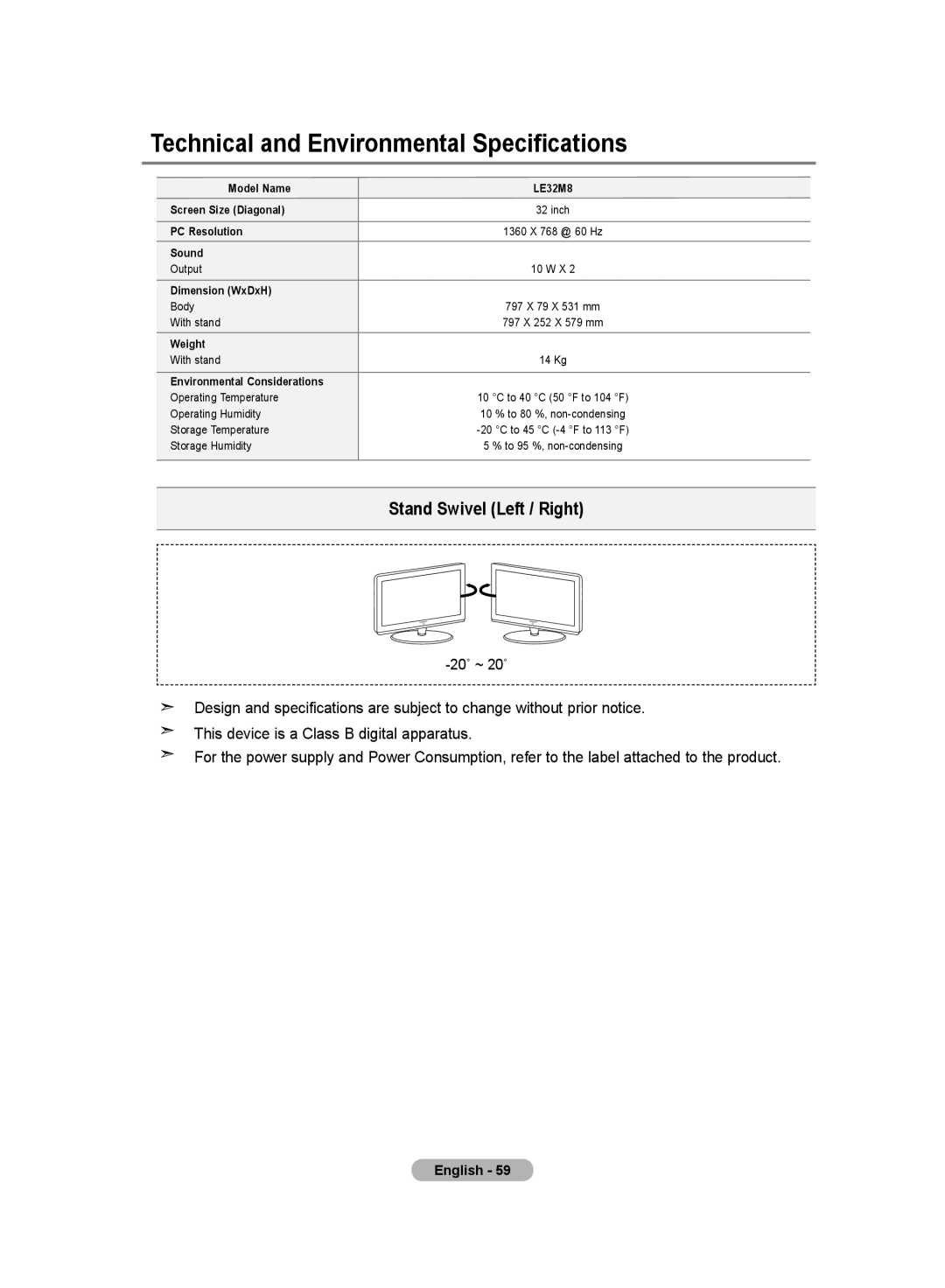 Samsung LE32MM8 manual Technical and Environmental Specifications, Environmental Considerations 