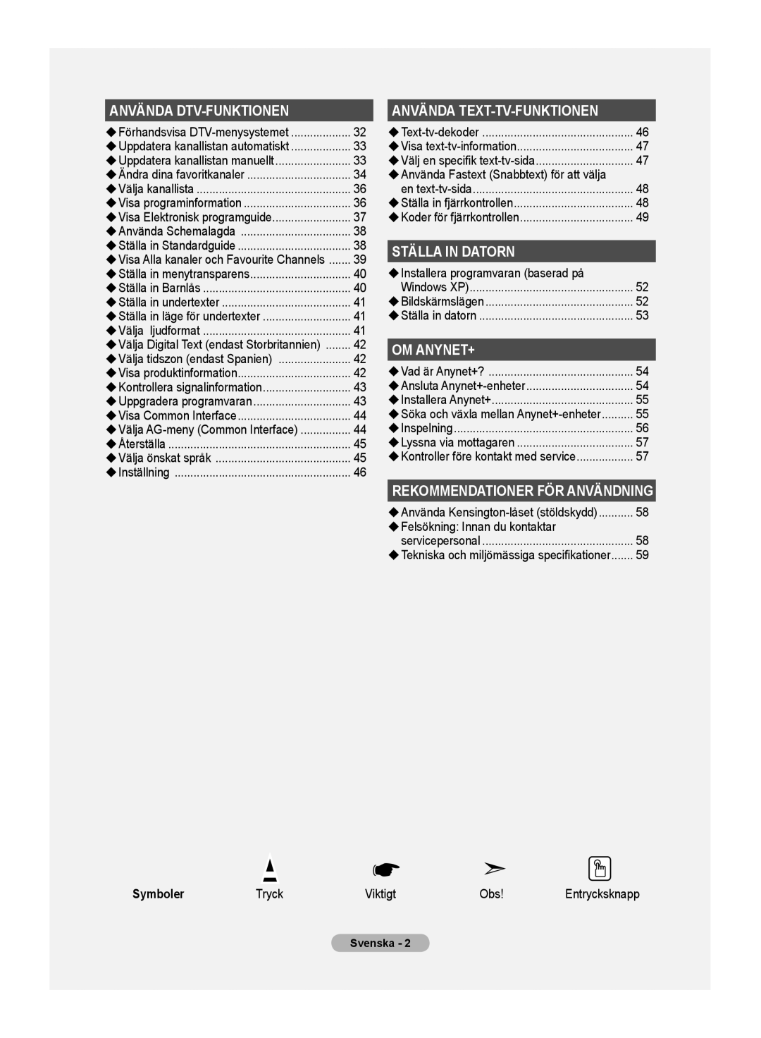 Samsung LE32MM8 manual  Använda Fastext Snabbtext för att välja, Symboler, Tryck Viktigt Obs 