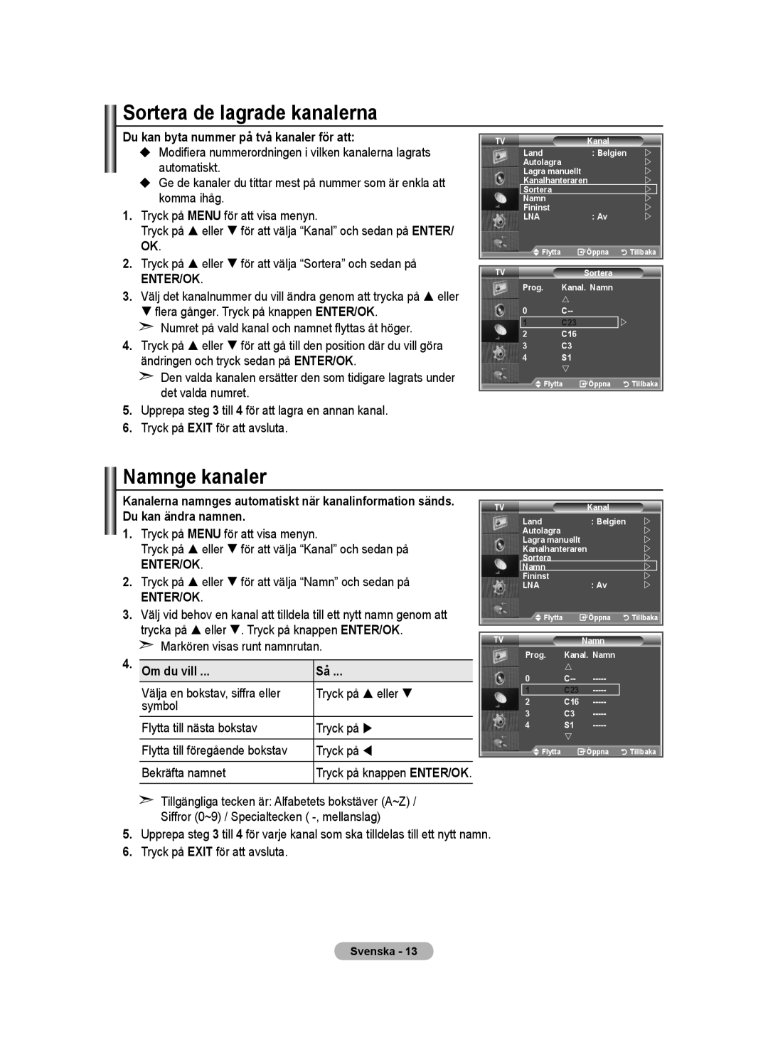 Samsung LE32MM8 manual Sortera de lagrade kanalerna, Namnge kanaler, Du kan byta nummer på två kanaler för att, Om du vill 