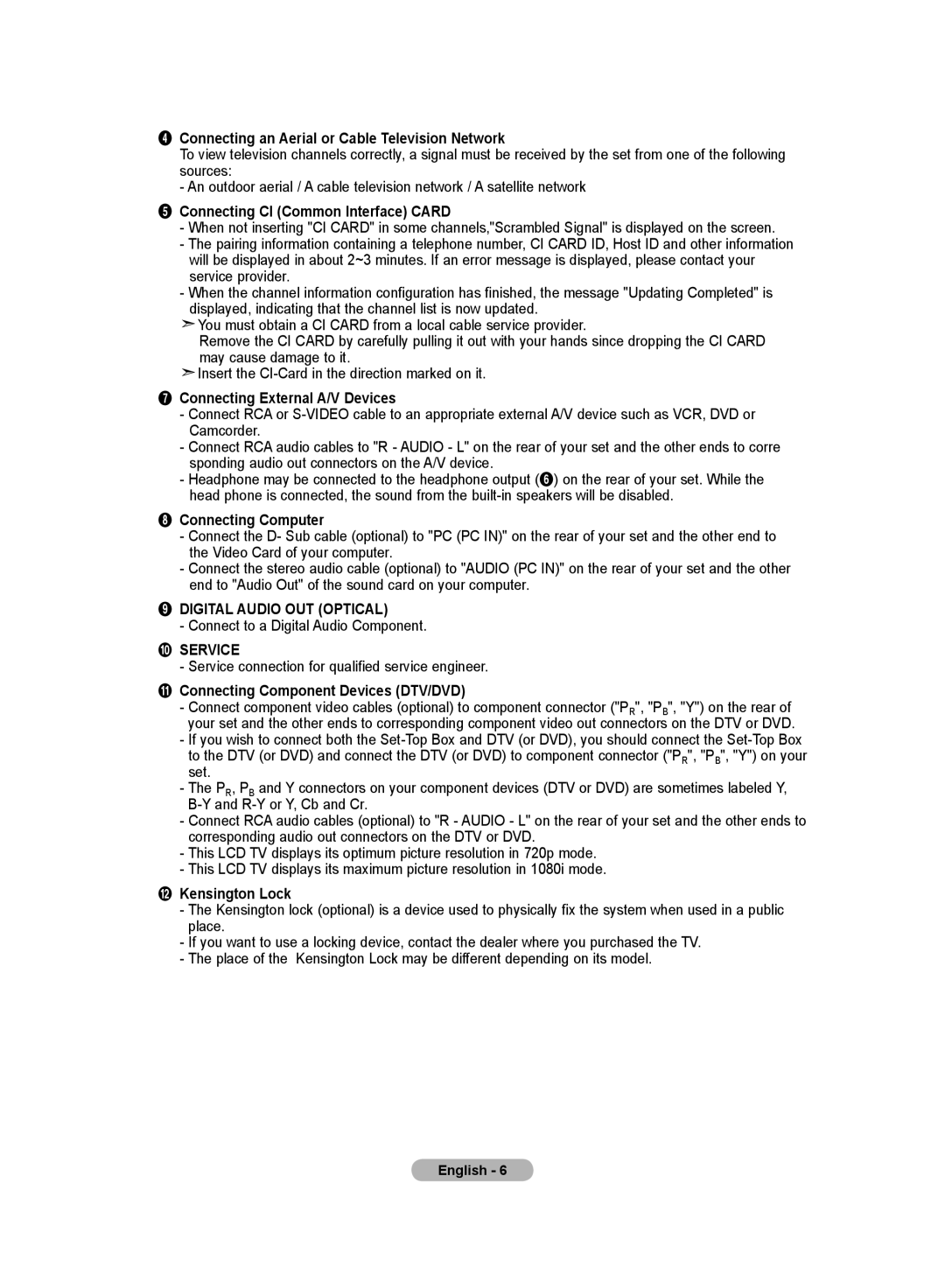 Samsung LE32MM8 Connecting an Aerial or Cable Television Network, Connecting CI Common Interface Card, Connecting Computer 