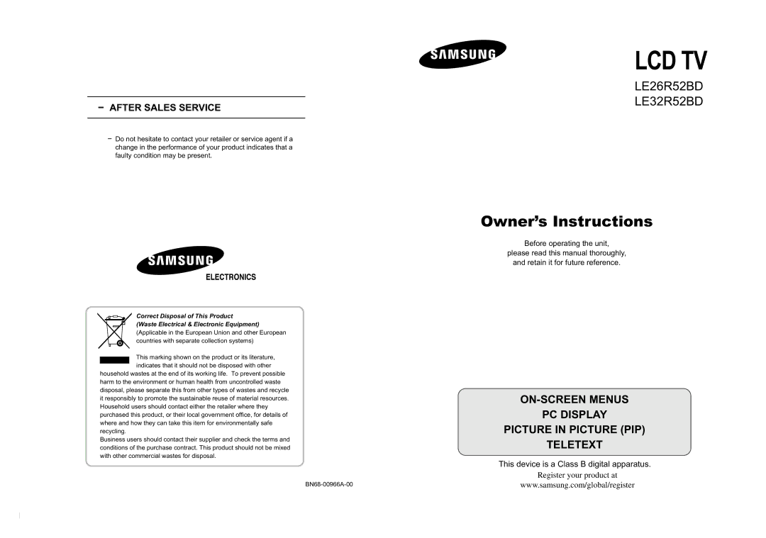 Samsung LE26R52BD, LE32R52BD manual Lcd Tv 