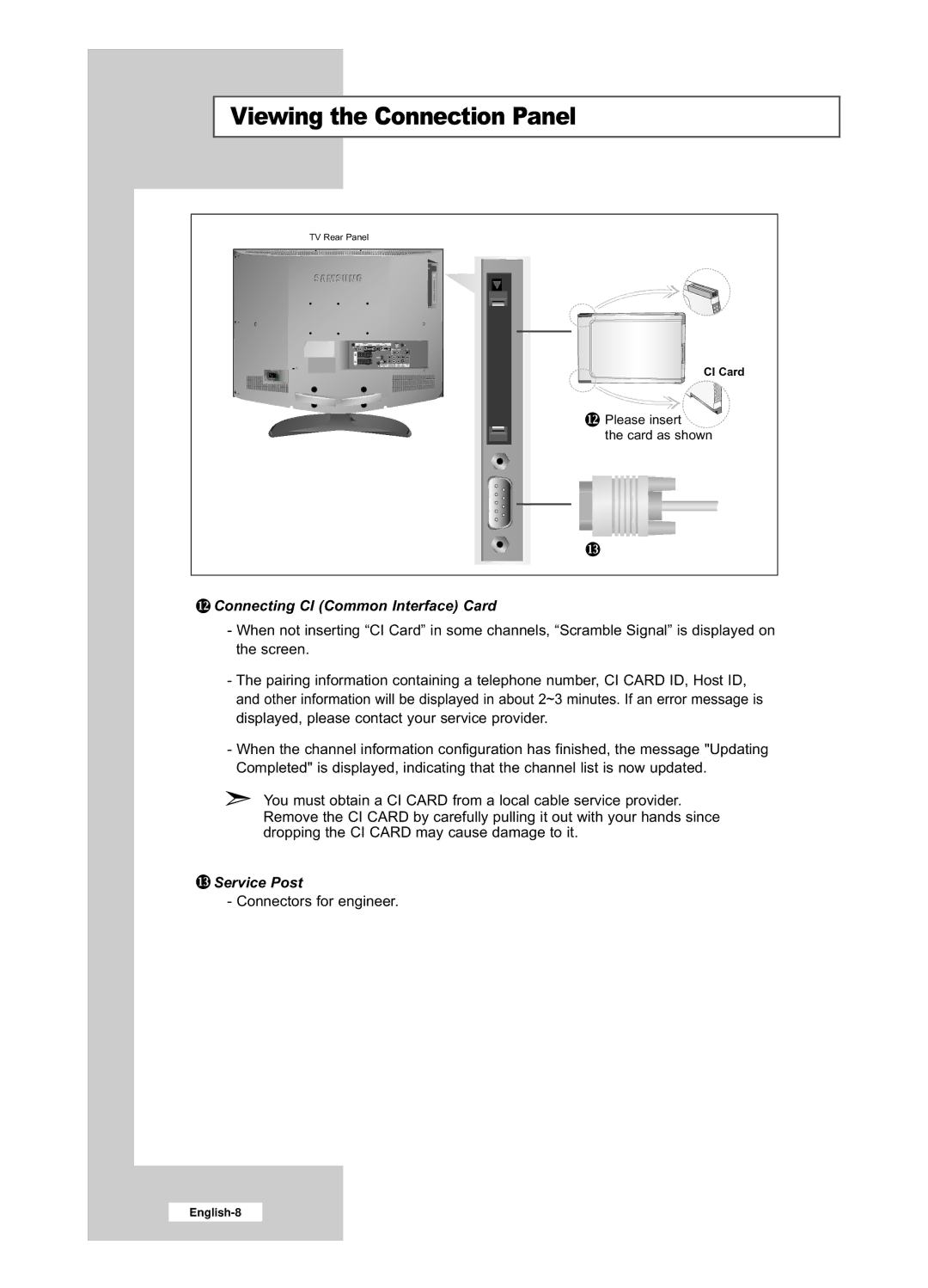 Samsung LE32R52BD, LE26R52BD manual Connecting CI Common Interface Card, Service Post 