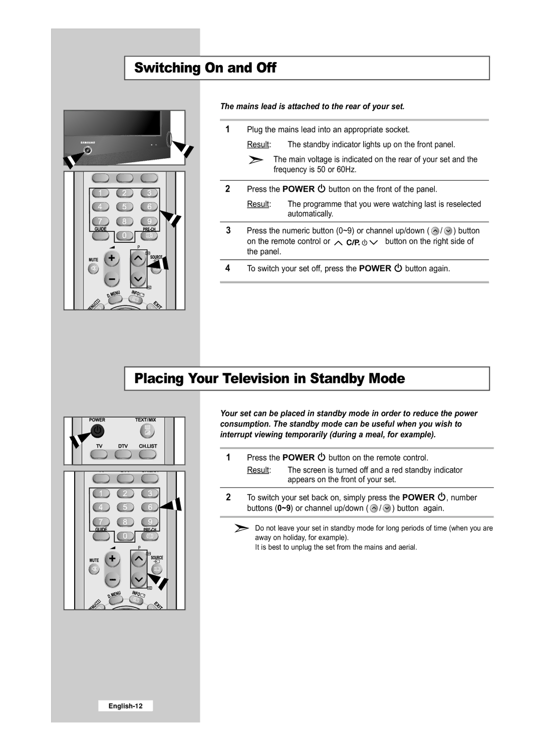 Samsung LE32R52BD, LE26R52BD manual Switching On and Off, Placing Your Television in Standby Mode 