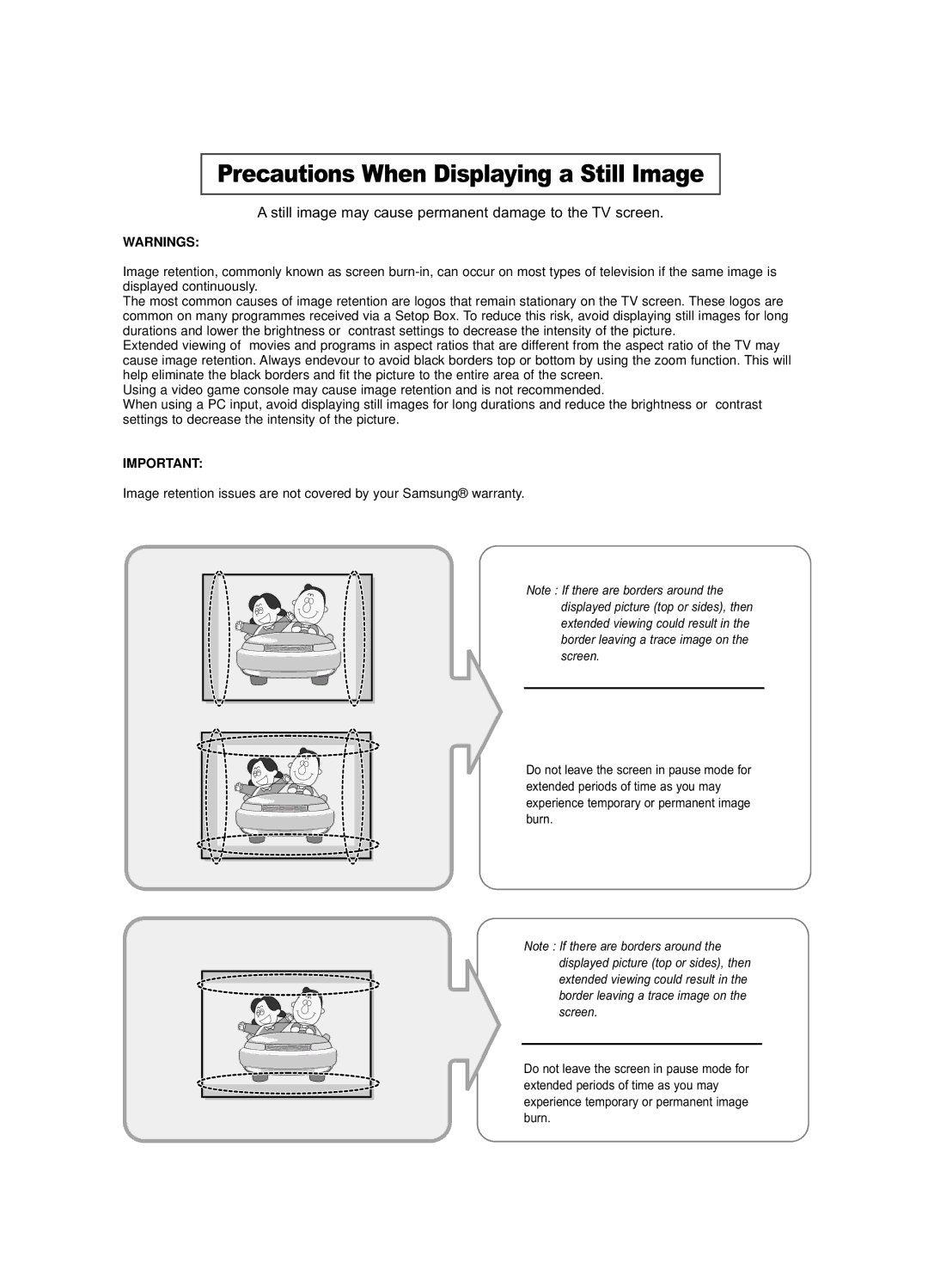 Samsung LE32R52BD manual Precautions When Displaying a Still Image, Still image may cause permanent damage to the TV screen 