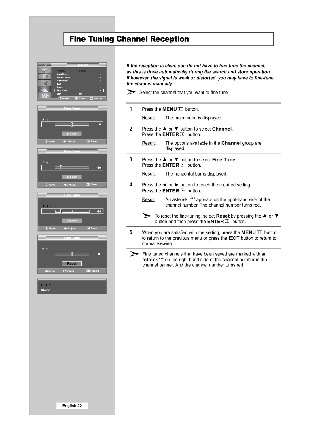 Samsung LE32R52BD, LE26R52BD manual Fine Tuning Channel Reception 