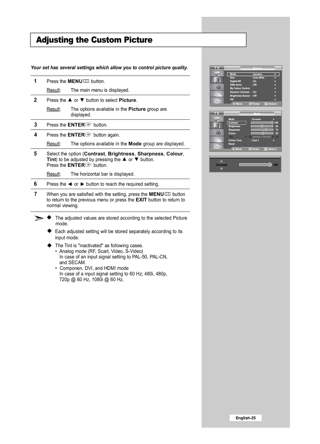 Samsung LE26R52BD, LE32R52BD manual Adjusting the Custom Picture 