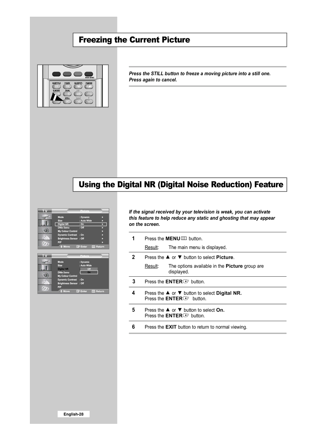 Samsung LE32R52BD, LE26R52BD manual Freezing the Current Picture, Using the Digital NR Digital Noise Reduction Feature 