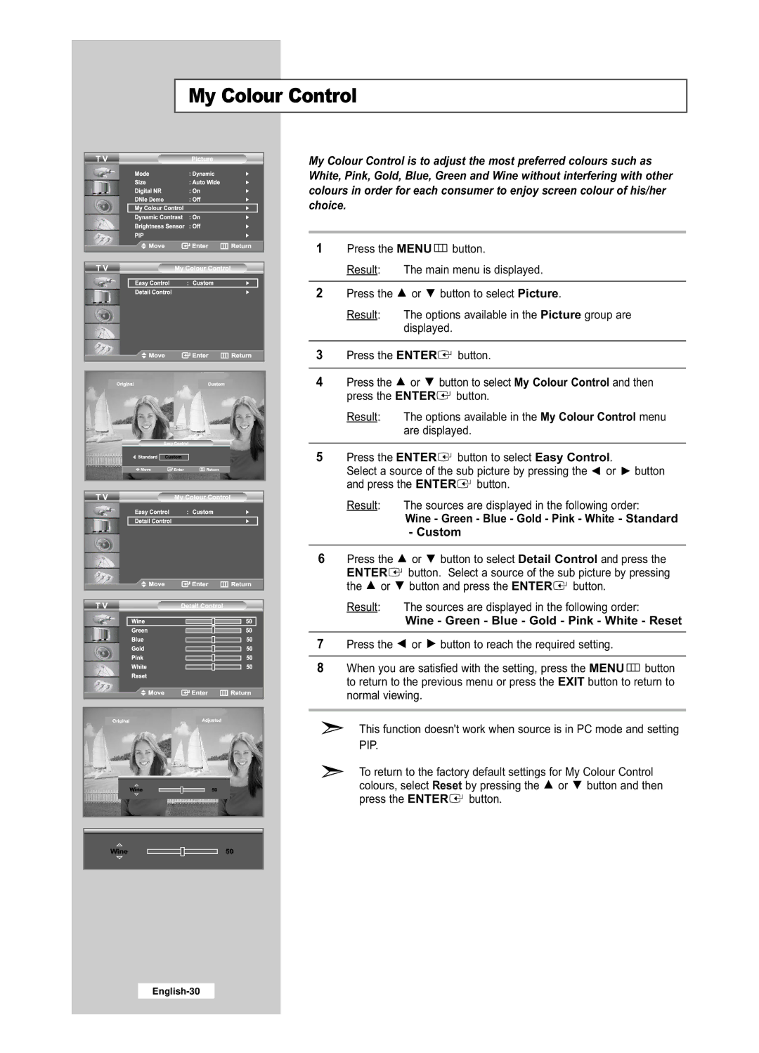 Samsung LE32R52BD, LE26R52BD manual My Colour Control, Wine Green Blue Gold Pink White Standard Custom 