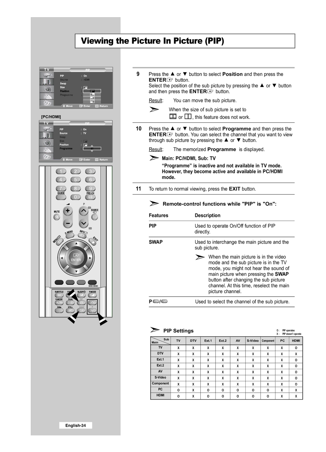 Samsung LE32R52BD, LE26R52BD manual Swap, PIP Settings 