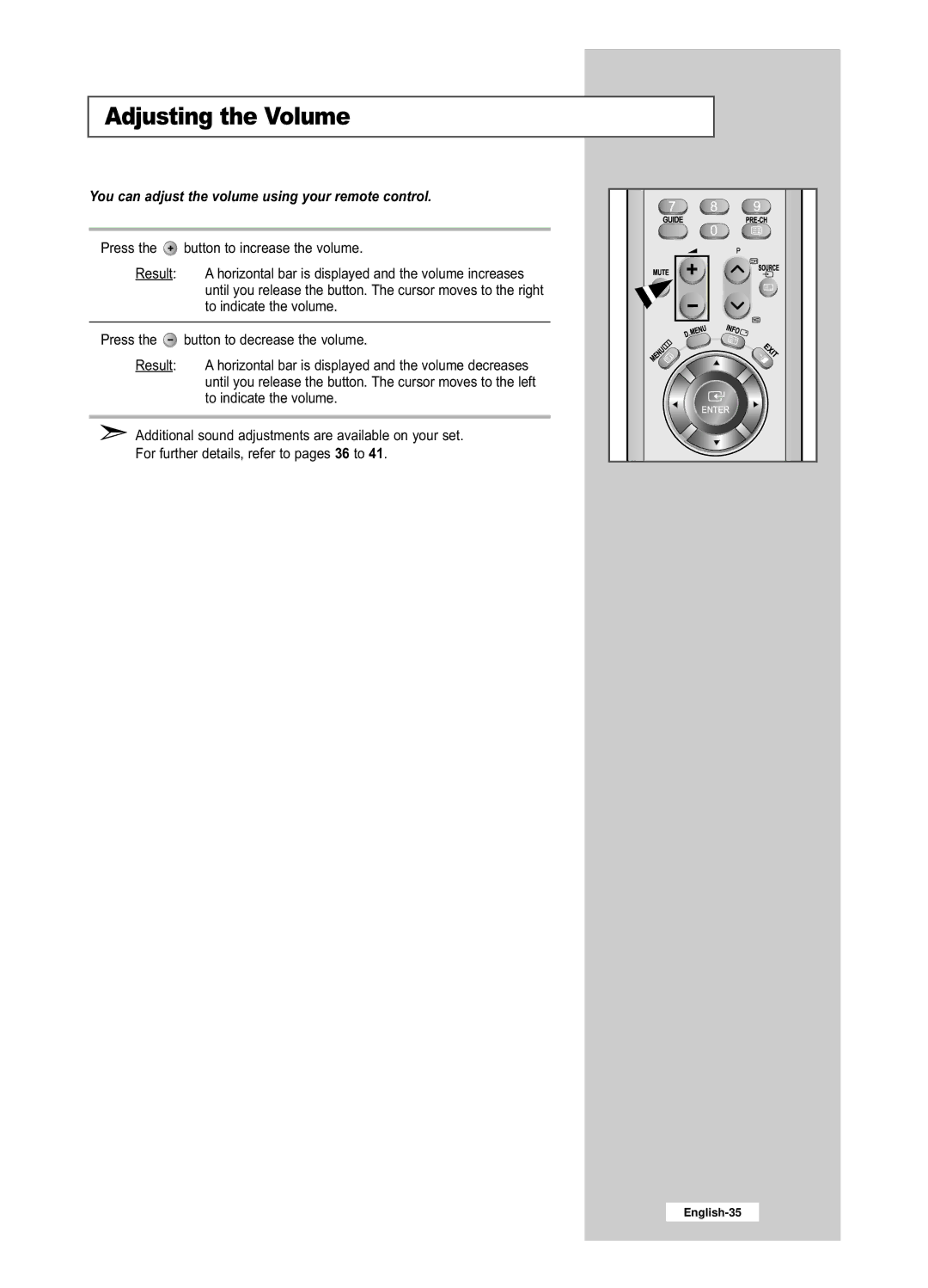 Samsung LE26R52BD, LE32R52BD manual Adjusting the Volume, You can adjust the volume using your remote control 