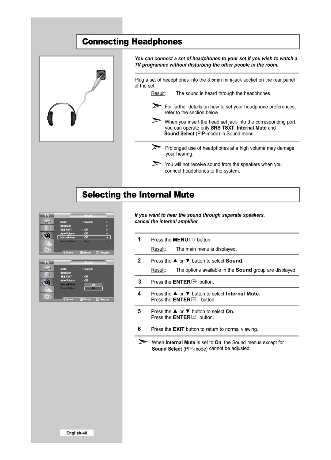 Samsung LE32R52BD, LE26R52BD manual Connecting Headphones, Selecting the Internal Mute 