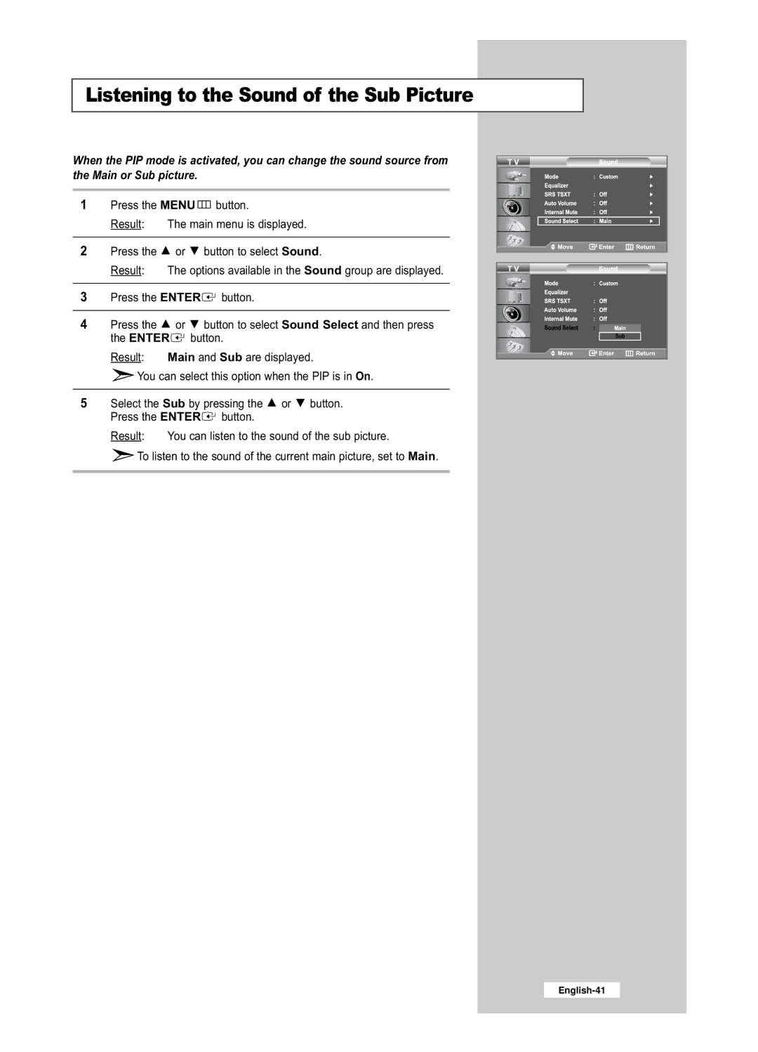 Samsung LE26R52BD, LE32R52BD manual Listening to the Sound of the Sub Picture 