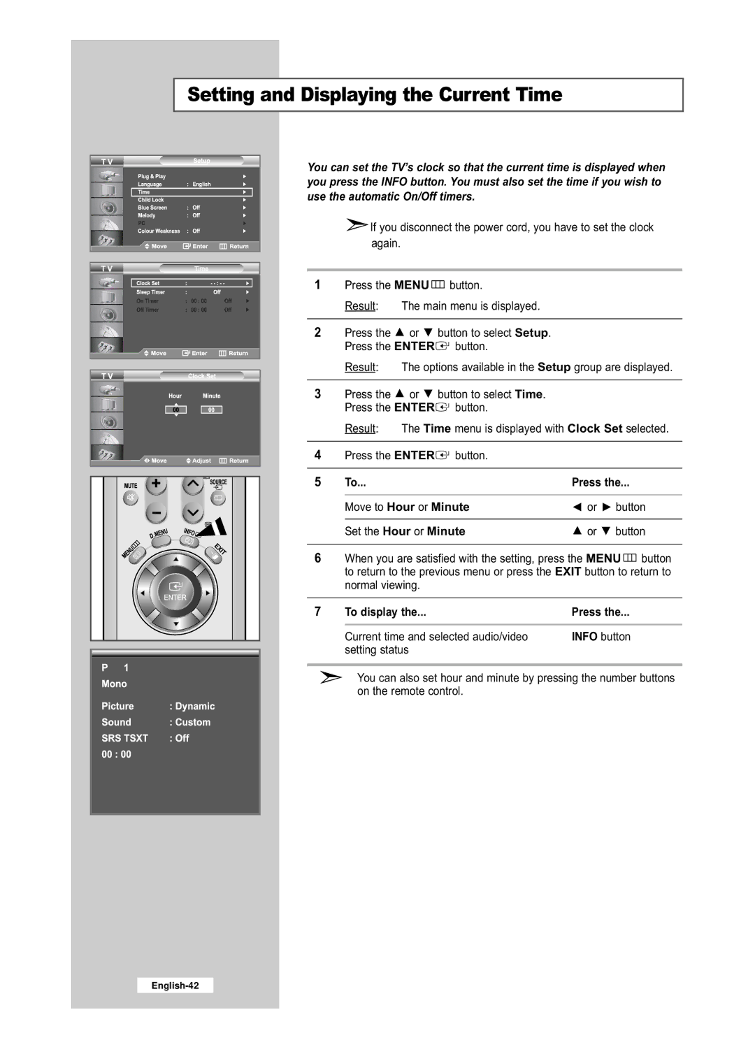 Samsung LE32R52BD, LE26R52BD manual Setting and Displaying the Current Time, To display 