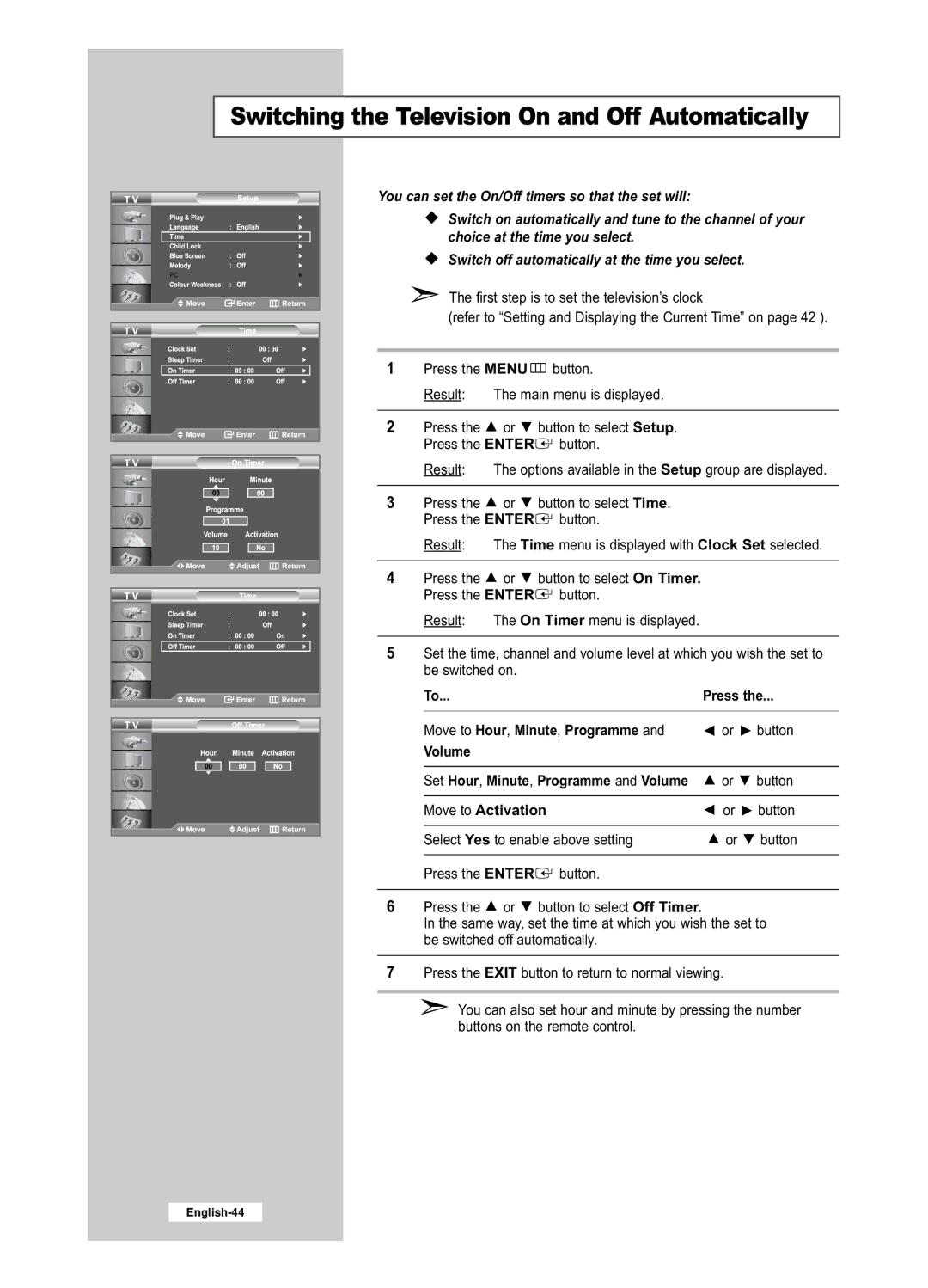 Samsung LE32R52BD, LE26R52BD manual Move to Hour , Minute , Programme, Volume, Move to Activation 