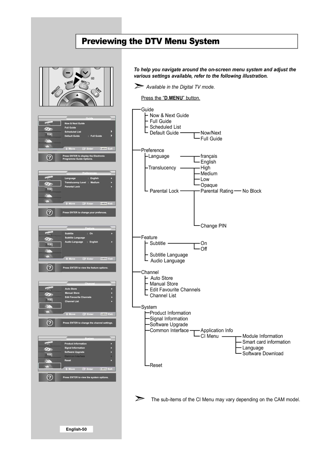 Samsung LE32R52BD, LE26R52BD manual Previewing the DTV Menu System 