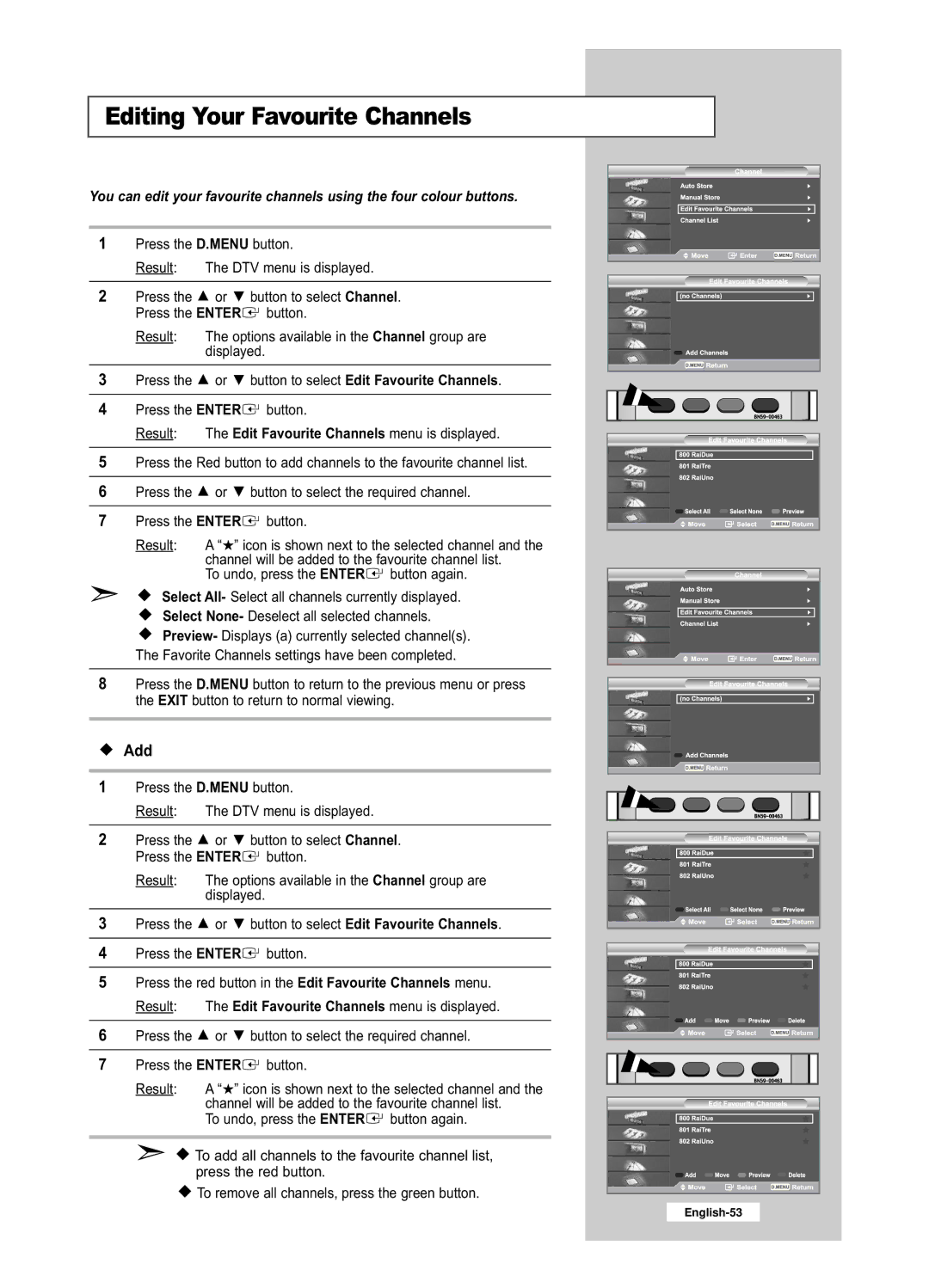 Samsung LE26R52BD, LE32R52BD manual Editing Your Favourite Channels, Add 