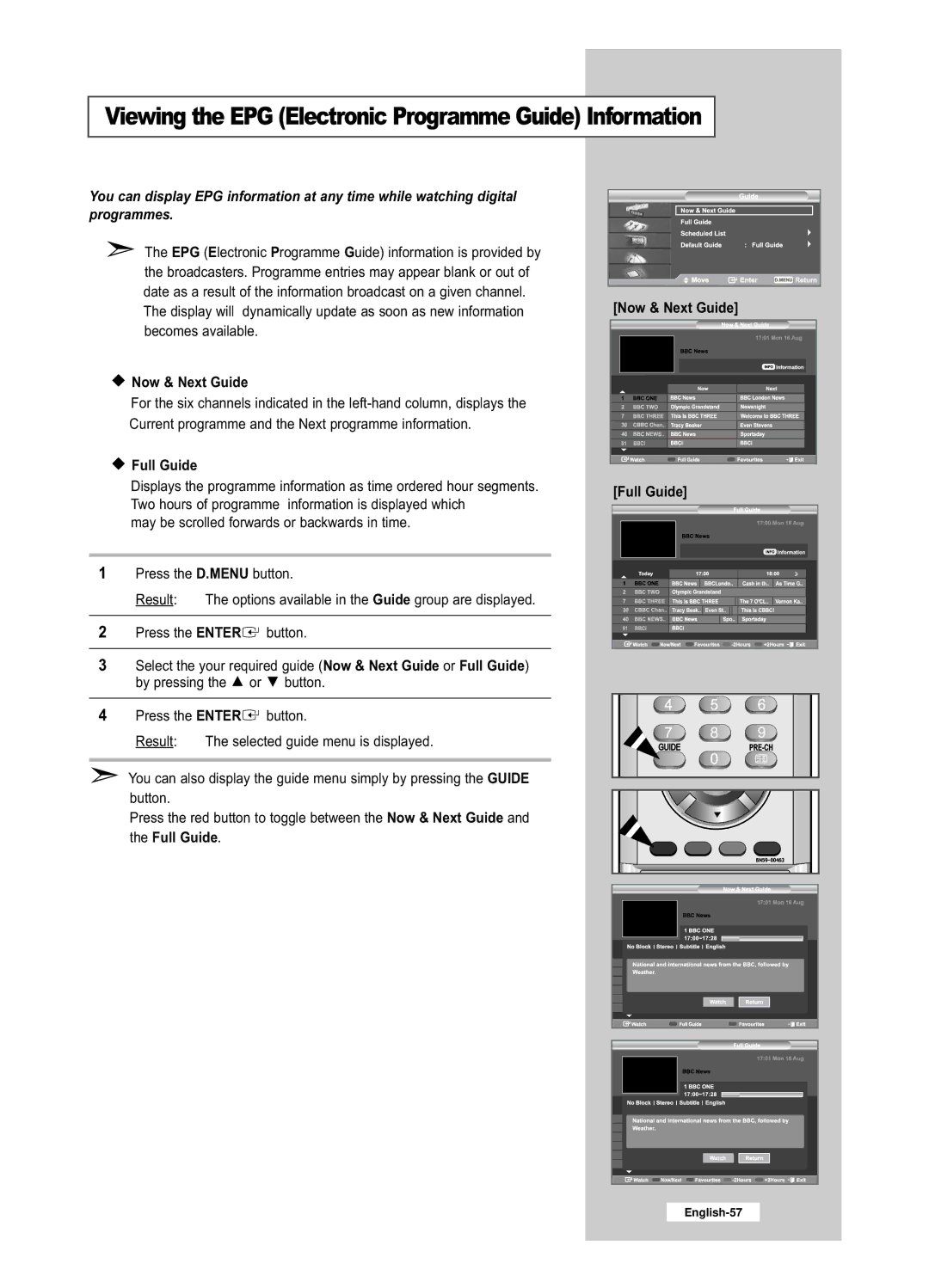 Samsung LE26R52BD, LE32R52BD manual Now & Next Guide, Full Guide 