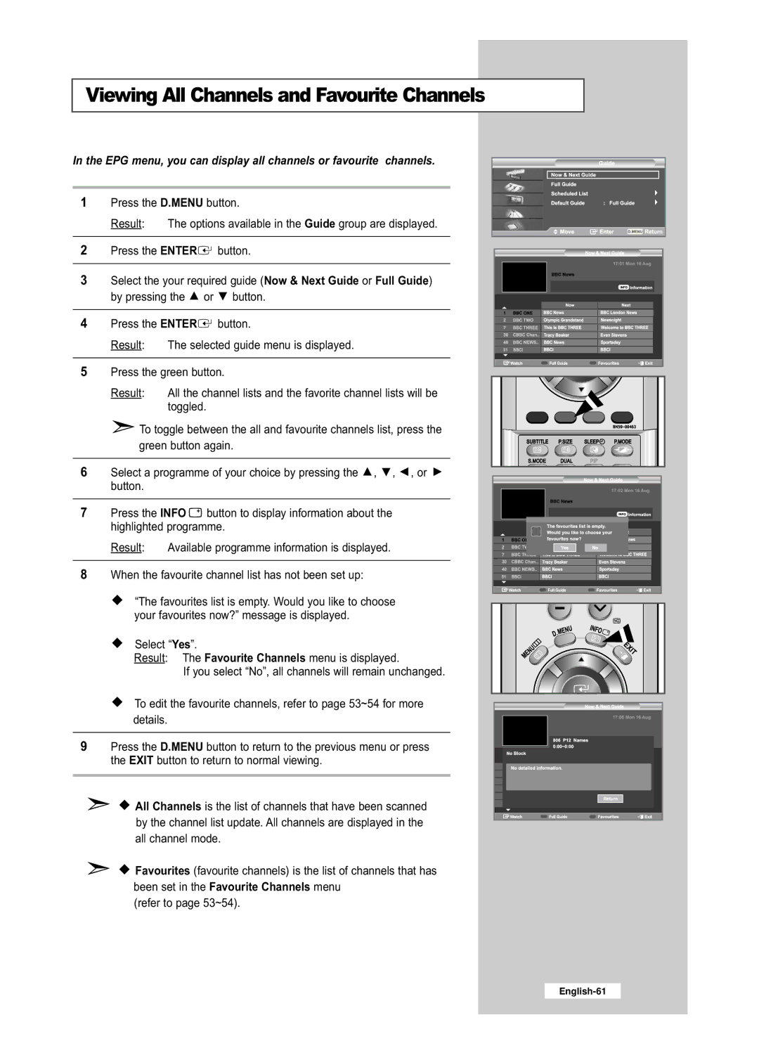 Samsung LE26R52BD, LE32R52BD manual Viewing All Channels and Favourite Channels 