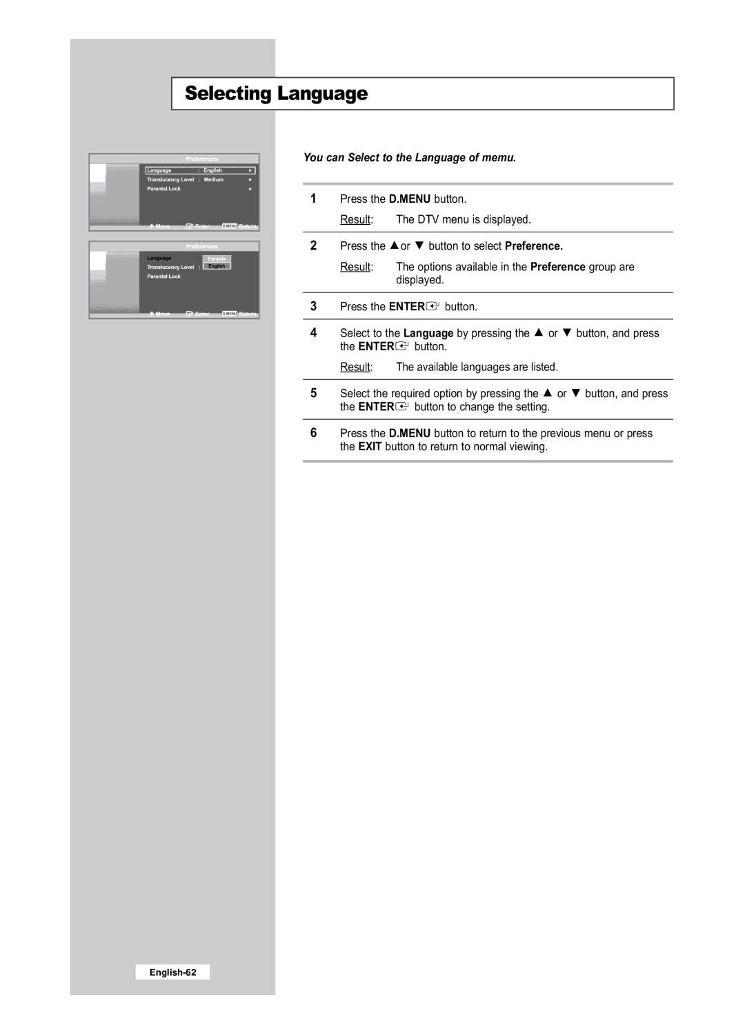 Samsung LE32R52BD, LE26R52BD manual Selecting Language, You can Select to the Language of memu 