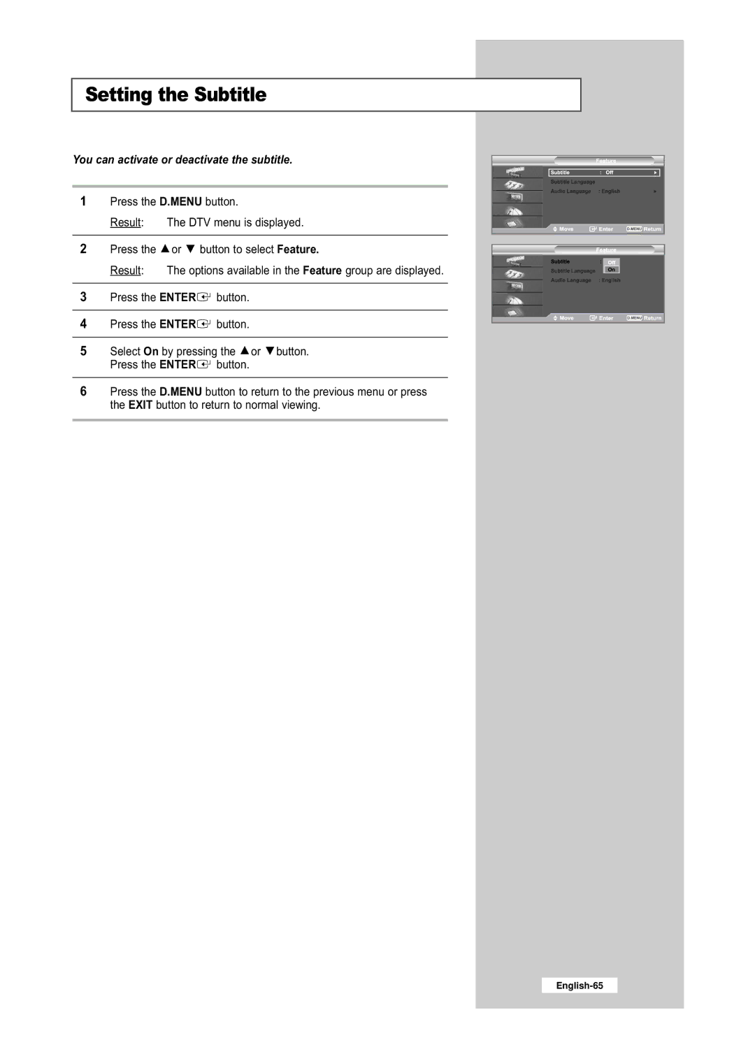 Samsung LE26R52BD, LE32R52BD manual Setting the Subtitle, You can activate or deactivate the subtitle 