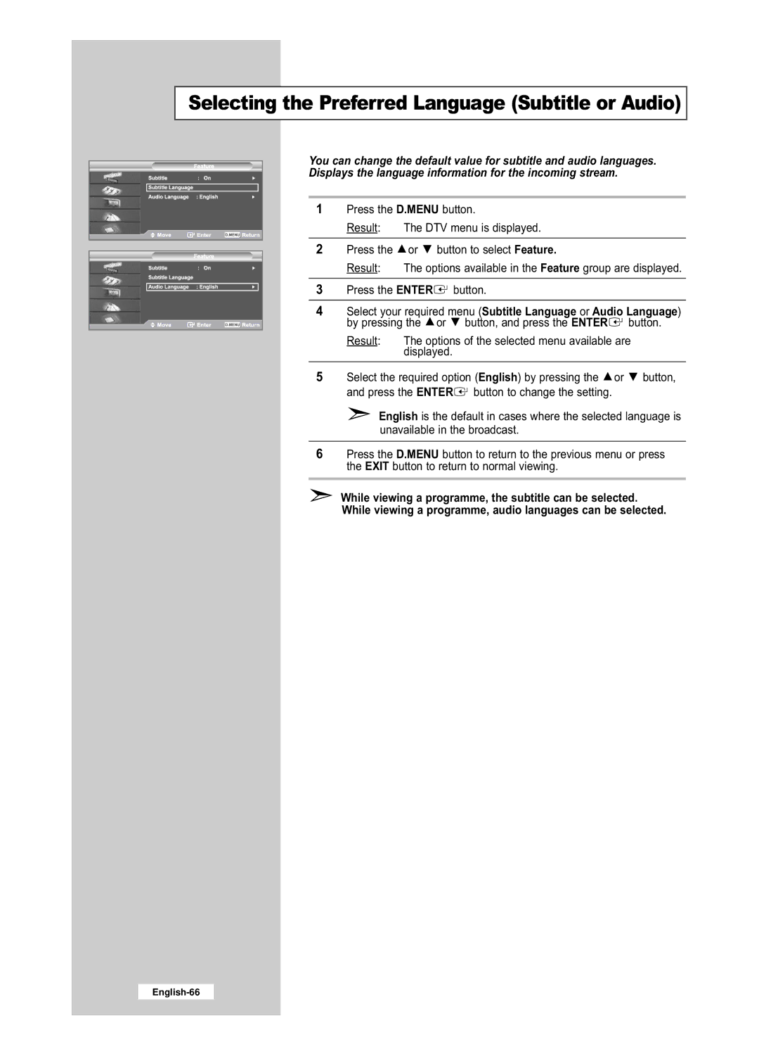 Samsung LE32R52BD, LE26R52BD manual Selecting the Preferred Language Subtitle or Audio 