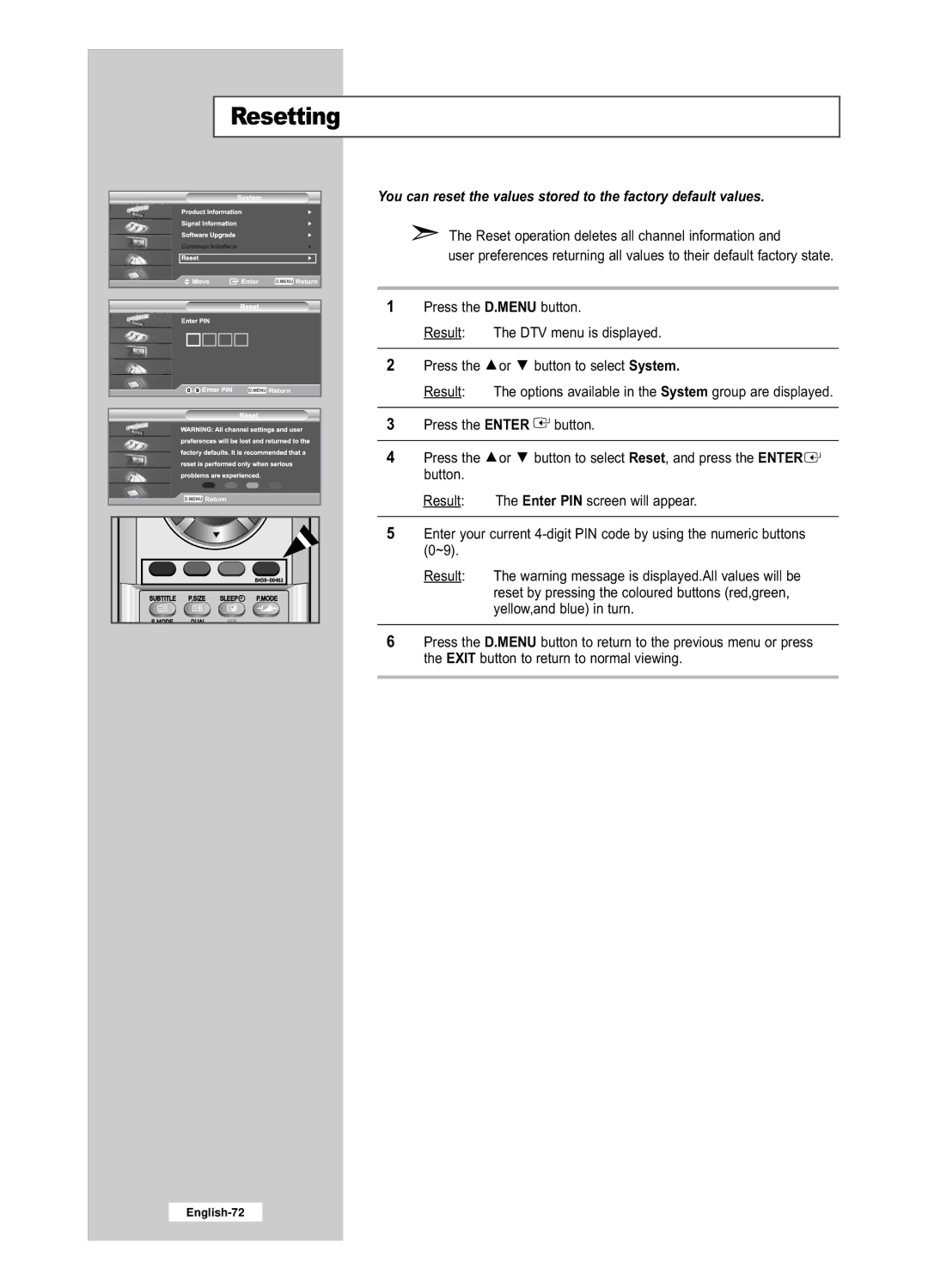 Samsung LE32R52BD, LE26R52BD manual Resetting 