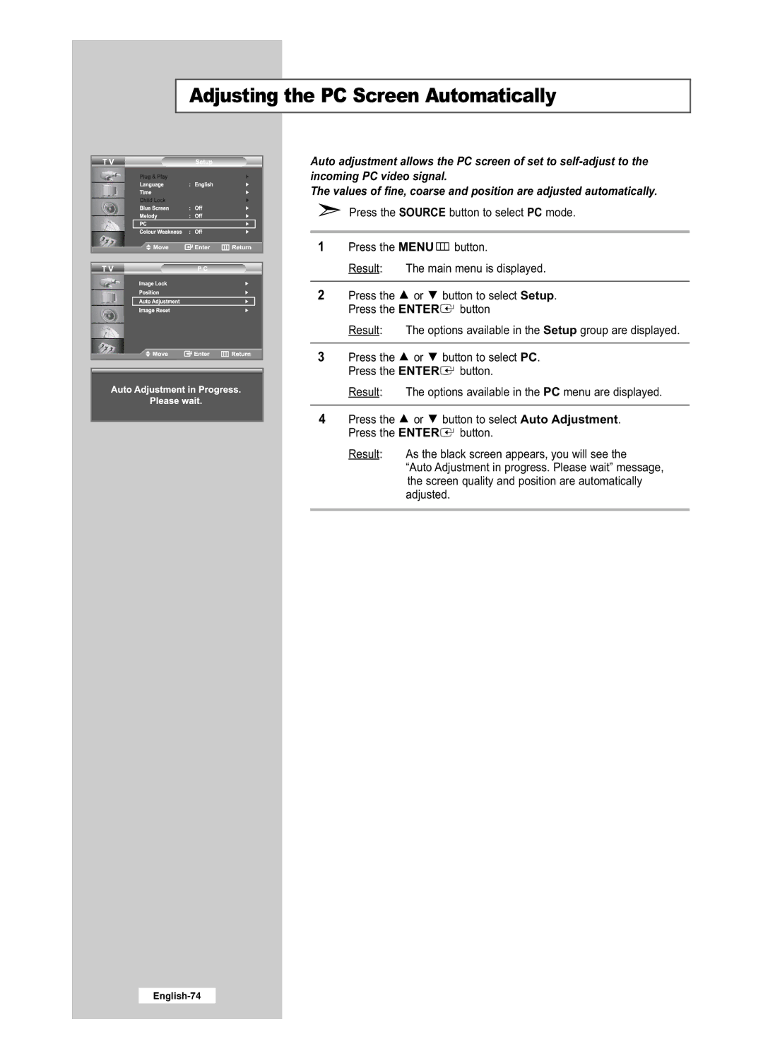 Samsung LE32R52BD, LE26R52BD manual Adjusting the PC Screen Automatically 